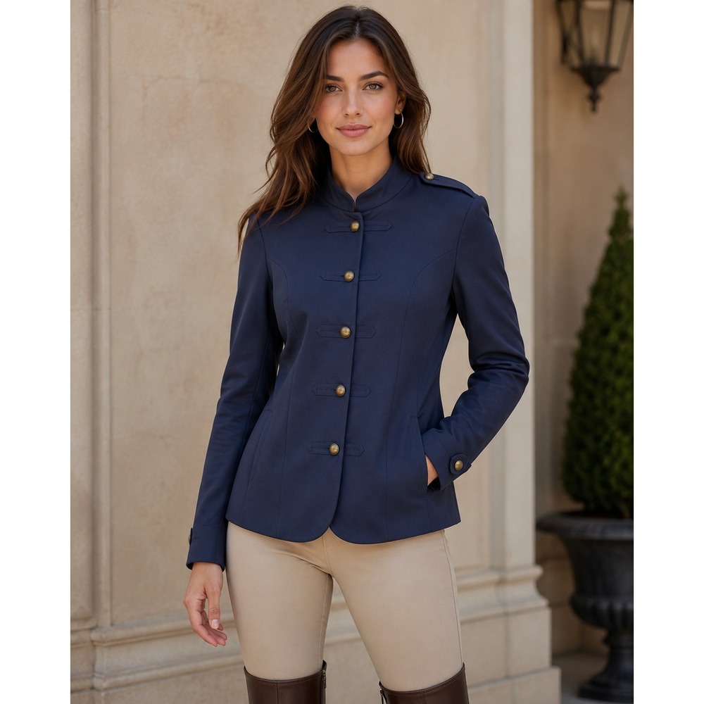 Equestrian Navy Blue Military Jacket Band Mandarin Collar Blazer Epaulette XL